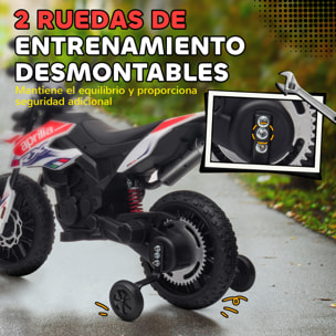 Moto Eléctrica para Niños 12V con Licencia Aprilia, Moto Eléctrica Infantil con Ruedas Auxiliares Desmontables, 6 km/h, Suspensión Trasera, Faro, Música y USB, para Niños 37-96 Meses, Blanco