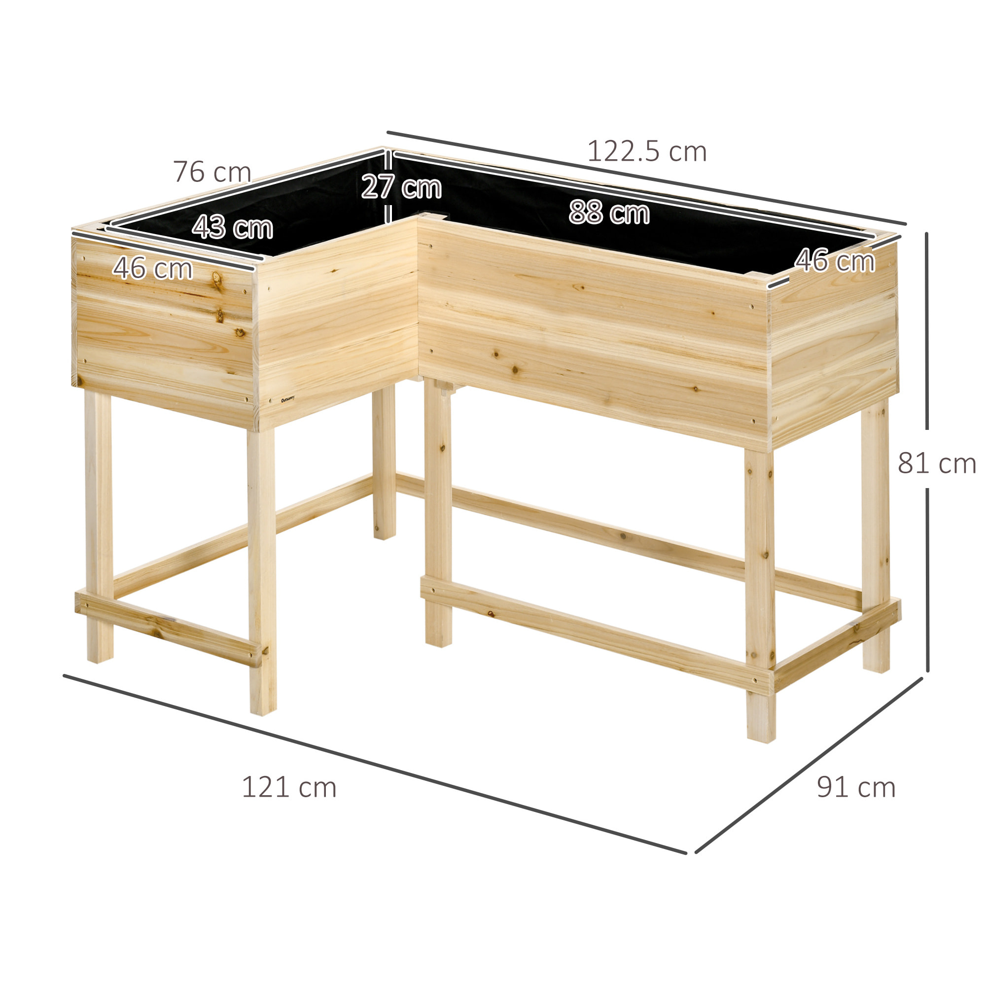 Jardinière sur pieds potager d'angle dim. 121L x 91l x 81H cm inserts d'irrigation + feutre de drainage inclus bois sapin pré-huilé