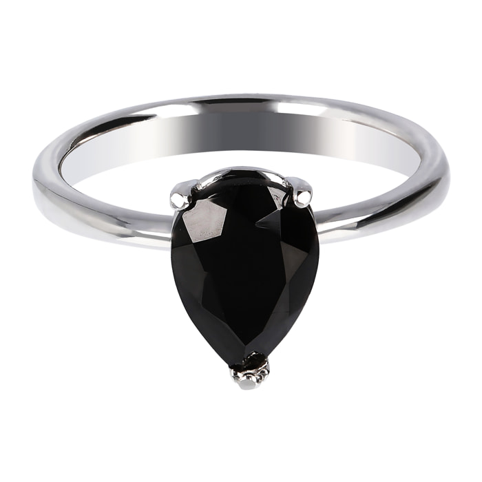 Anello Solitario in Argento 925 placcato Platino con Spinello Nero Forma Goccia