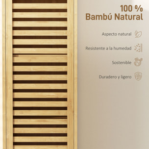 Armario de Baño Alto de Bambú, Columna de Baño Estrecha con 3 Estantes Abiertos, Puerta de Lamas, Estantes Ajustables, 34x30x170 cm, Natural