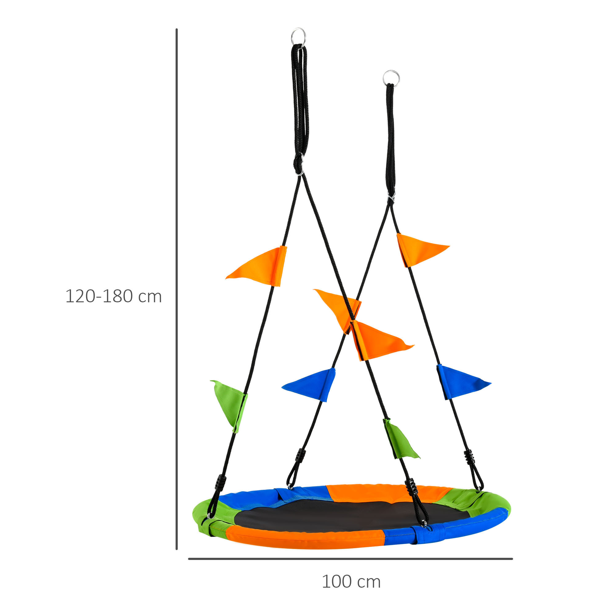 Balançoire nid d'oiseau ronde balançoire panier Ø 100 cm 2 anneaux inclus métal époxy PP Oxford haute densité drapeaux multicolores
