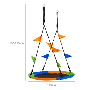 Balançoire nid d'oiseau ronde balançoire panier Ø 100 cm 2 anneaux inclus métal époxy PP Oxford haute densité drapeaux multicolores