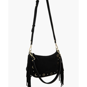 Bolso de ante negro con flecos y tachuelas doradas