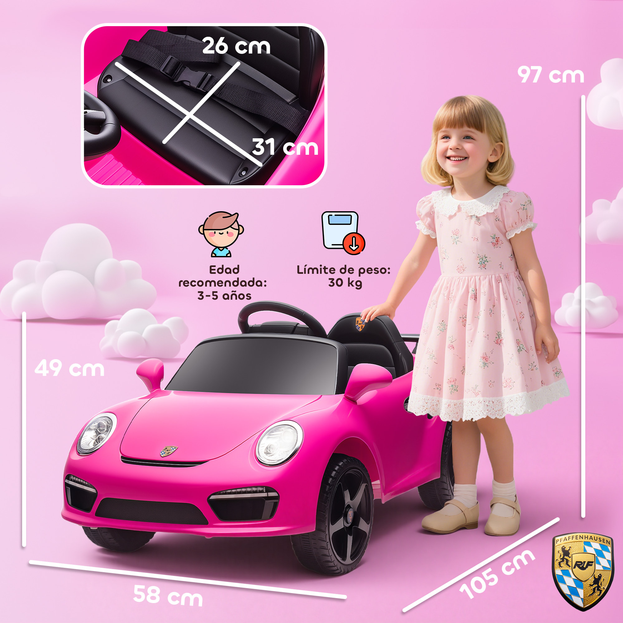 Coche Eléctrico para Niños con Licencia RUF CTR 3 Clubsport, Coche de Batería 12V, con Mando a Distancia 2,4 G, Motor Doble, Música Inalámbrica, Bocina, Ruedas Auxiliares y Faros LED, Rosa