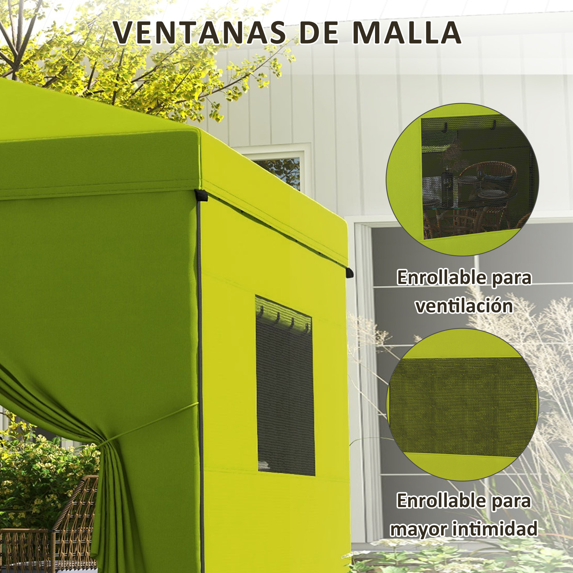 Carpa Plegable 3x3 m Cenador de Jardín con 4 Paredes Laterales 2 Ventanas de Malla Altura Ajustable Bolsa de Transporte Impermeable y Anti-UV para Camping Fiestas Verde