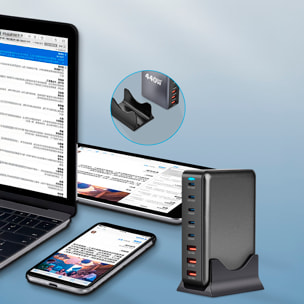 Caricatore da tavolo con 440W, con 5 uscite USB tipo C di ricarica rapida e 3 uscite USB-A.