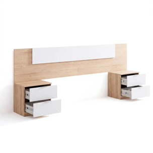 Cabecero para cama de 135-150 cm y 2 mesitas con cajones en roble canadian y blanco artik Akari Roble Canadian - Blanco Artik (Blanco Mate)