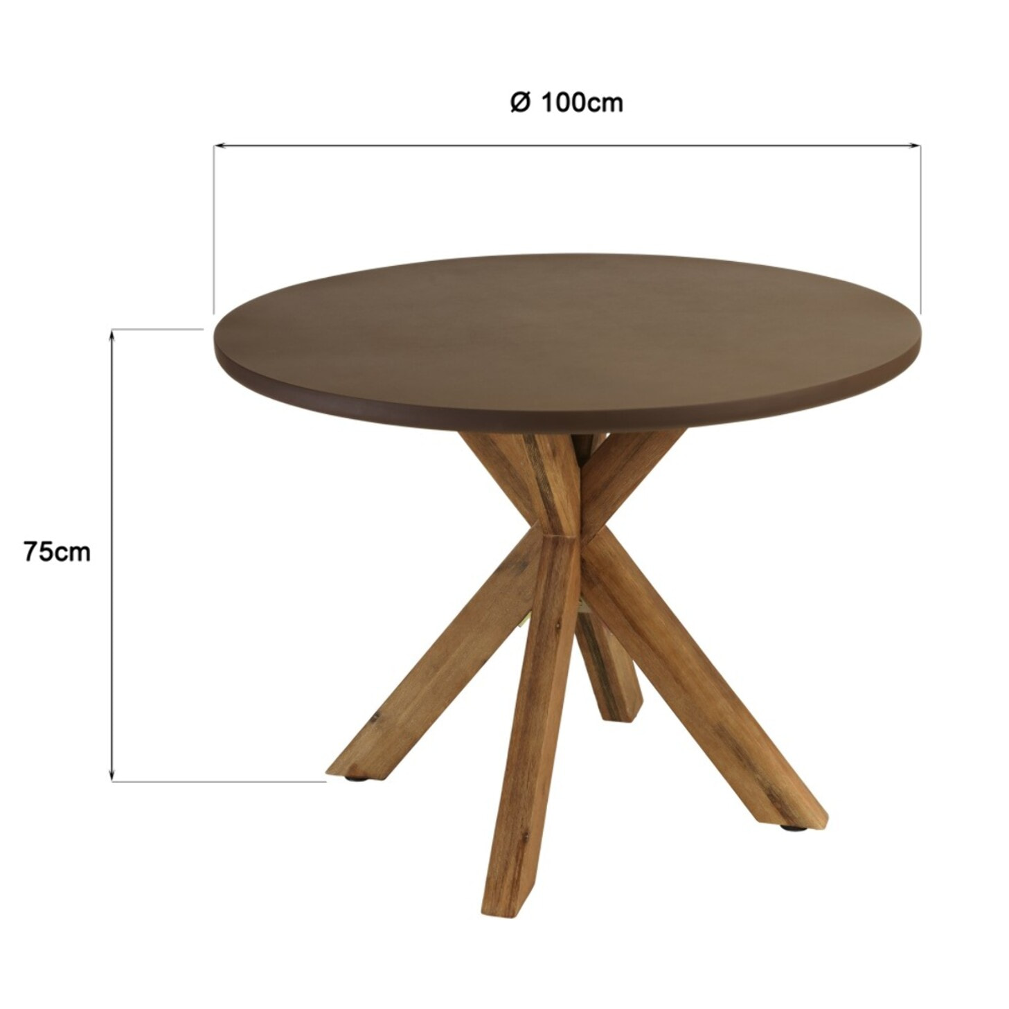 NESTOR - Table à manger ronde effet béton marron pied en bois d'acacia D100cm