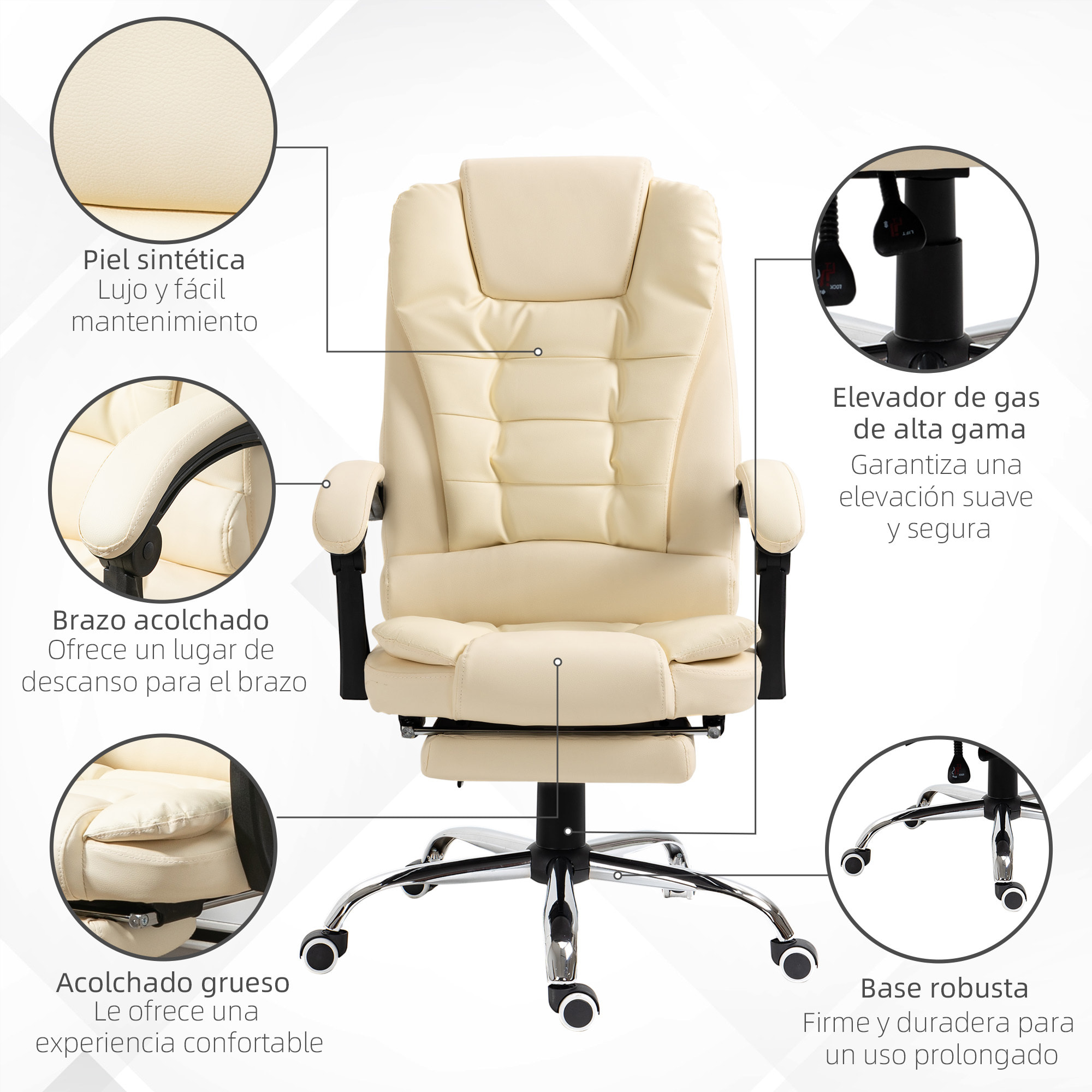 Silla de Oficina Reclinable Silla de Escritorio con Reposapiés Silla Ejecutiva Giratoria con Altura Ajustable Tapizada en PU y Reposabrazos para Estudio Crema