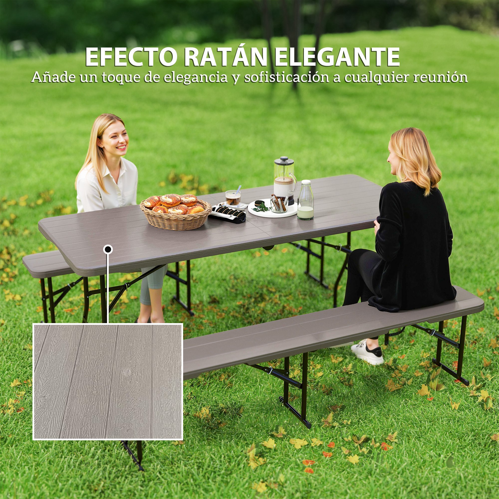 Conjunto de Camping Plegable de 3 Piezas Mesa Plegable Camping con Bancos Incluye 1 Mesa 180x74x74 cm y 2 Bancos Efecto Madera Impermeable para Acampadas Jardín Pícnic Marrón