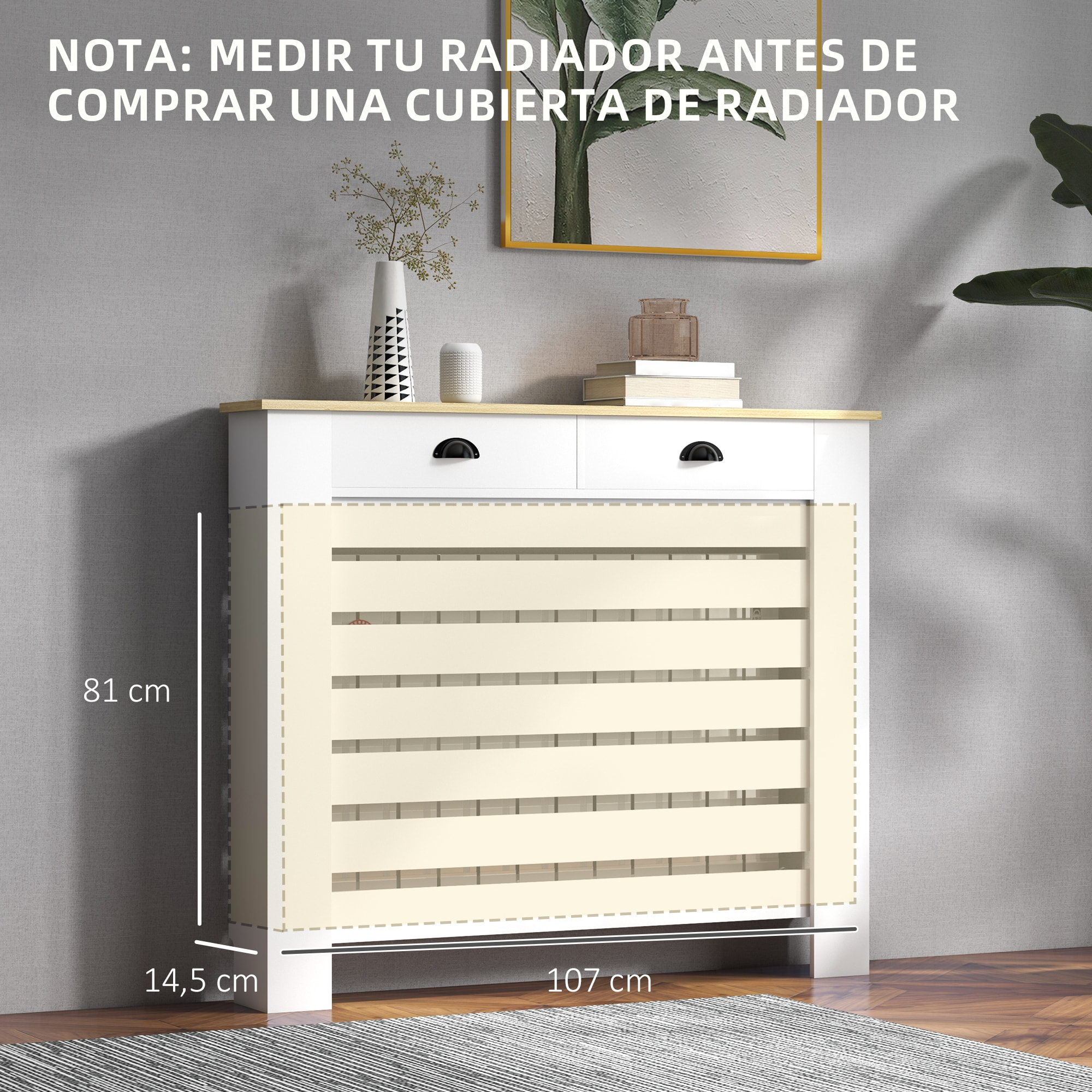 Cubre Radiadores con Cajón, Cubreradiador de MDF, Cubierta para Radiador, Diseño Moderno de Listones, para Salón, Dormitorio, 111x19x95,5 cm, Blanco
