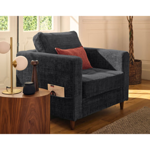 Anna - fauteuil avec poche en velours texturé - pieds en bois - Gris Anthracite