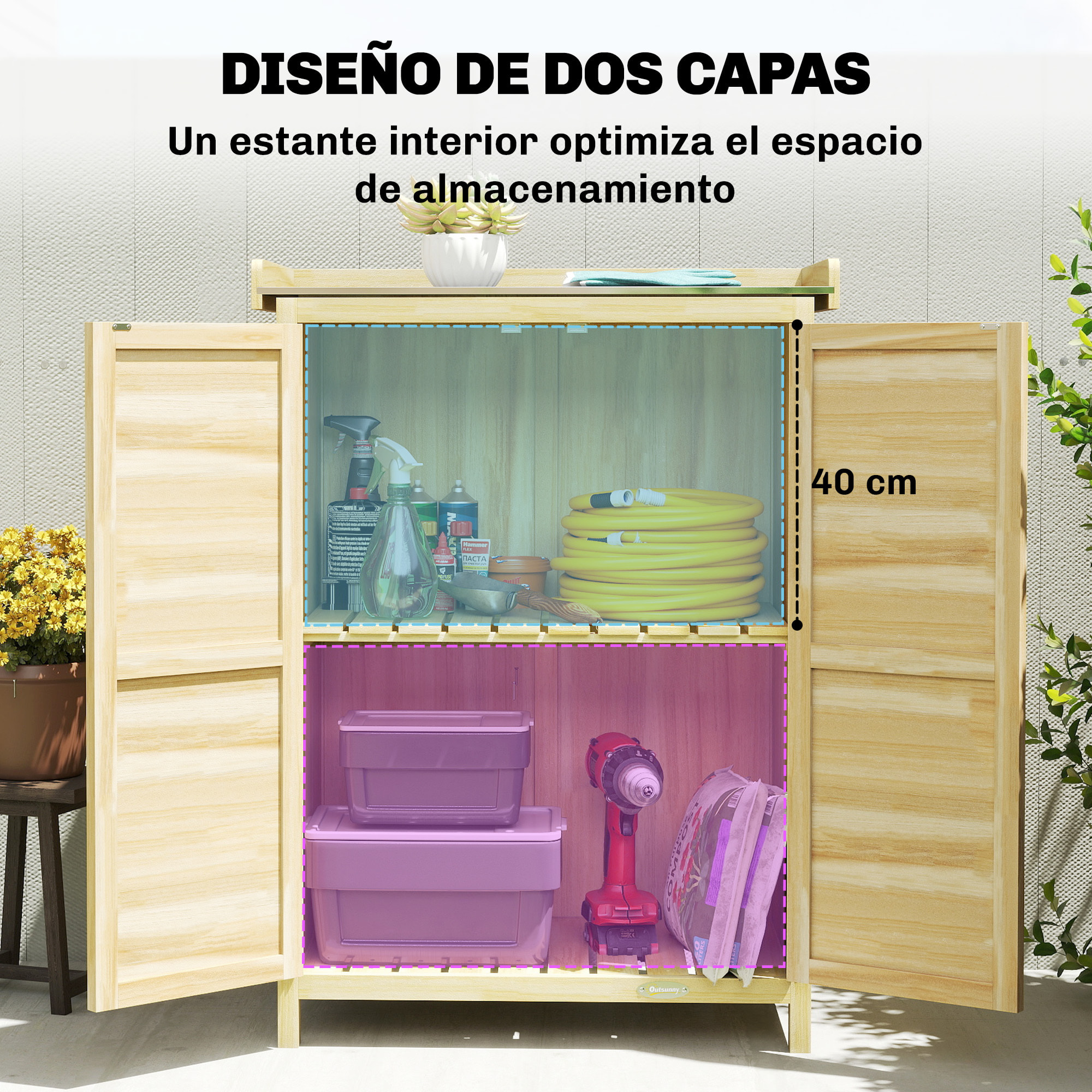 Armario de Exterior de Madera, Caseta de Jardín Exterior con Techo de Metal Galvanizado, Estantes, 2 Puertas, Ganchos, Cobertizo de Jardín para Almacenaje Herramientas, 71,5x39x95 cm, Natural