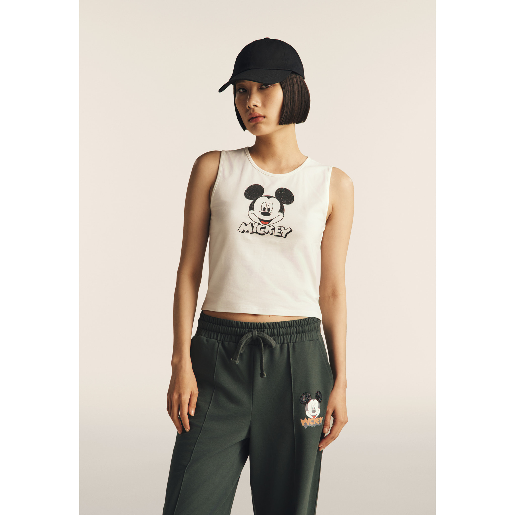 Canotta cropped slim fit con stampa Mickey Mouse