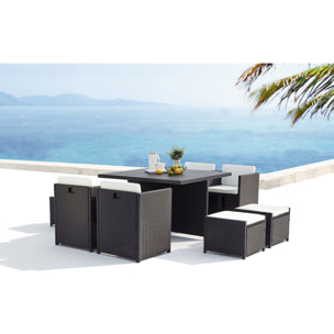 Table et chaise 8 places encastrables alu résine noir-blanc ABASA
