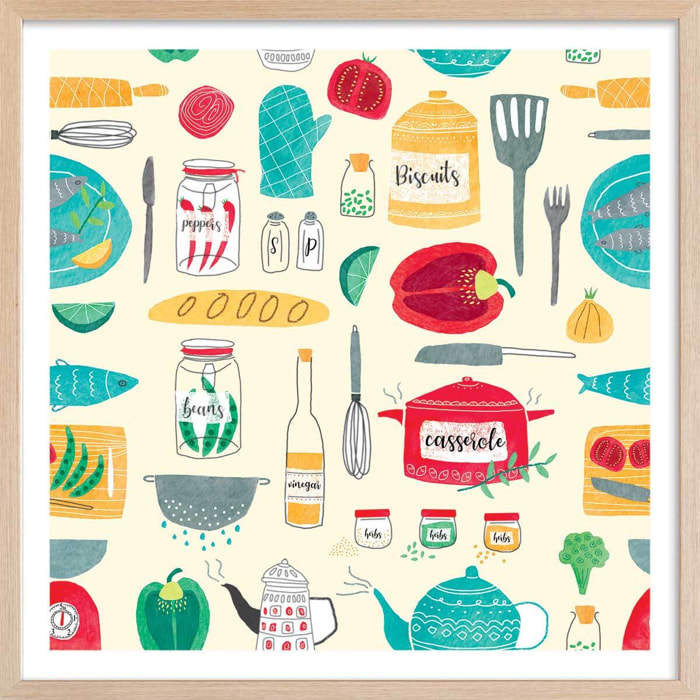 Affiche cuisine set de vaisselle Affiche + cadre en bois - Chêne