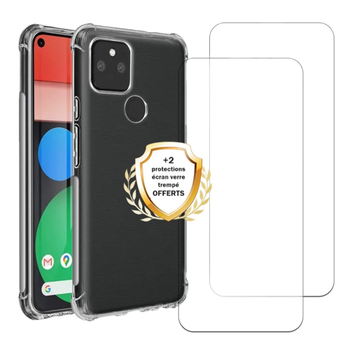 Coque Google Pixel 5 Antichoc coins renforcés Silicone + 2 Vitres en verre trempé Protection écran