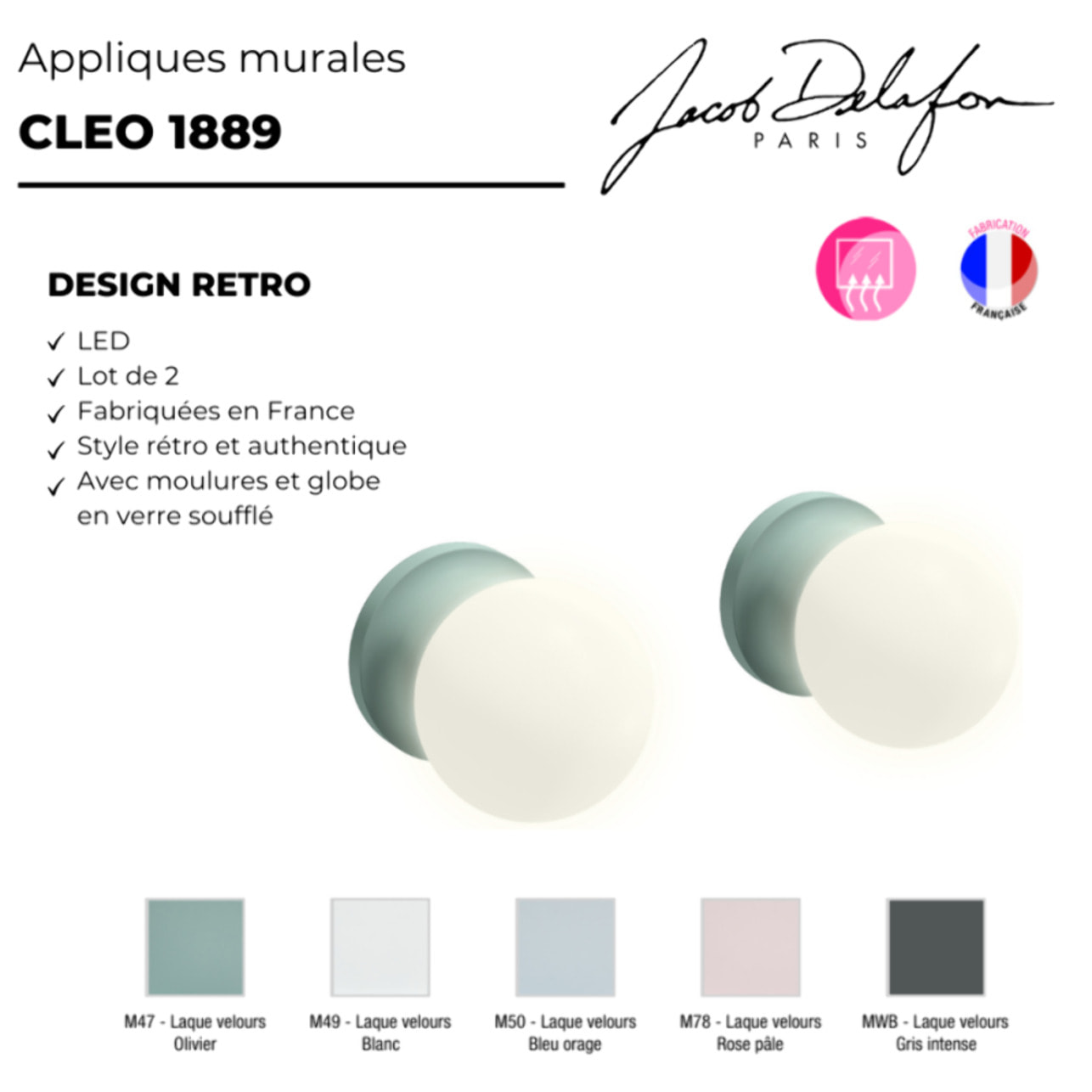 Paire d'appliques murales Cléo 1889 Vert olivier velours