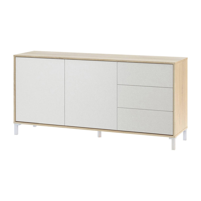 Credenza Ardelia, Buffet da soggiorno, Mobile porta TV, Armadio per salotto, Madia moderna a 2 ante e 3 cassetti, 154x41h74 cm, Rovere e Bianco