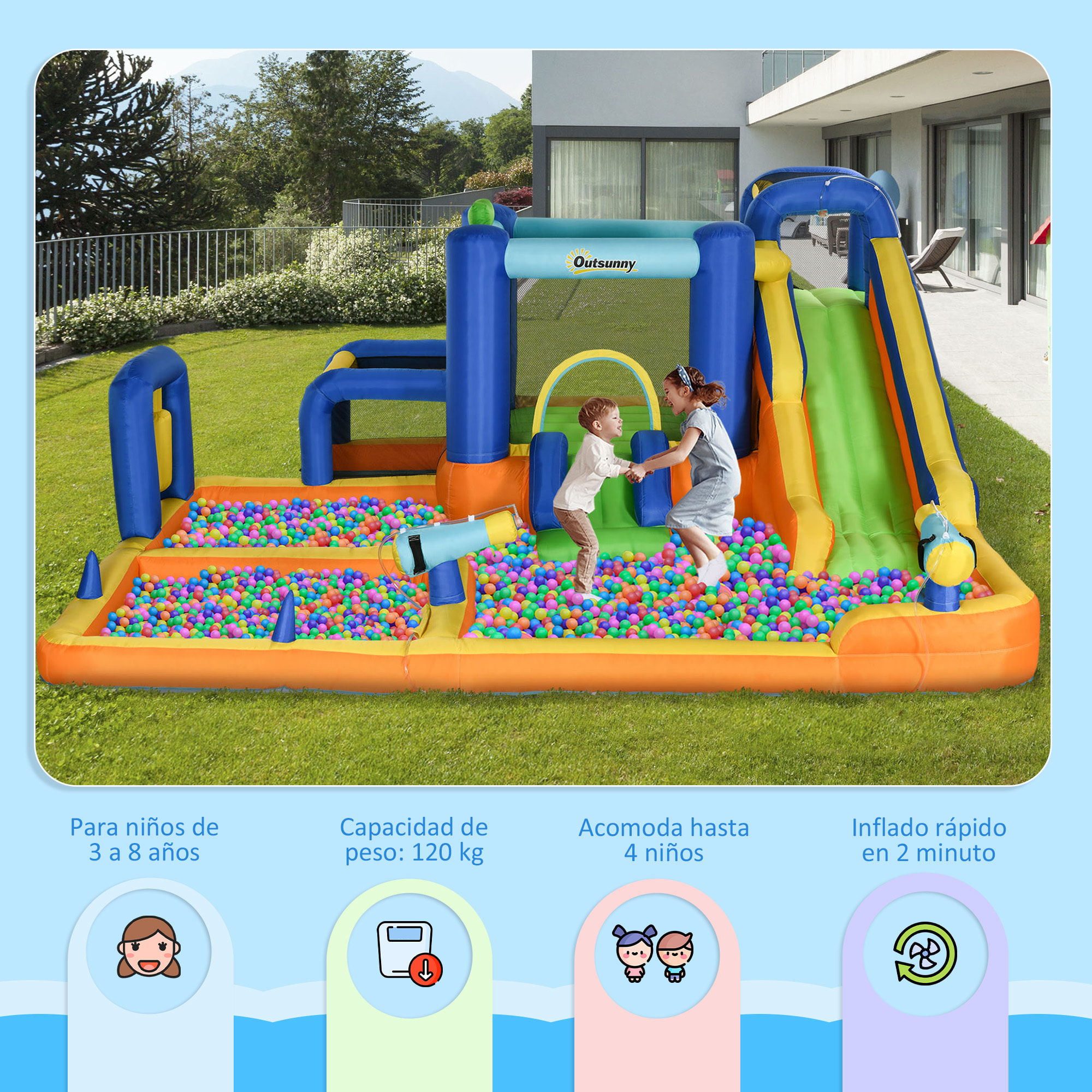 Outsunny Castillo Hinchable Infantil 7 en 1 Castillo Hinchable para Niños con Tobogán Piscina Muro de Escalada Inflador y Bolsa de Transporte 430x420x200 cm Multicolor