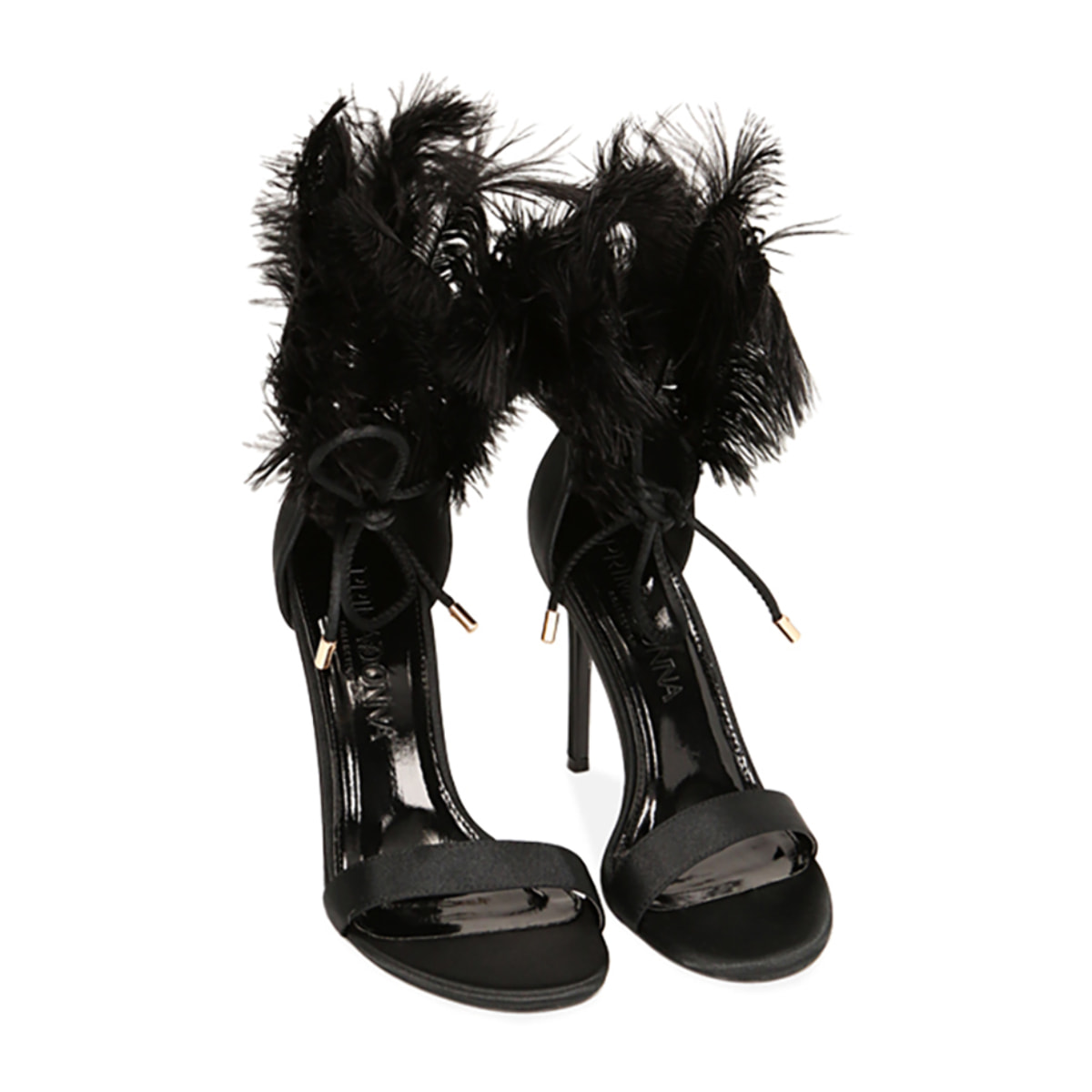 Sandalias de raso negras con plumas, tacón de 10,5 cm
