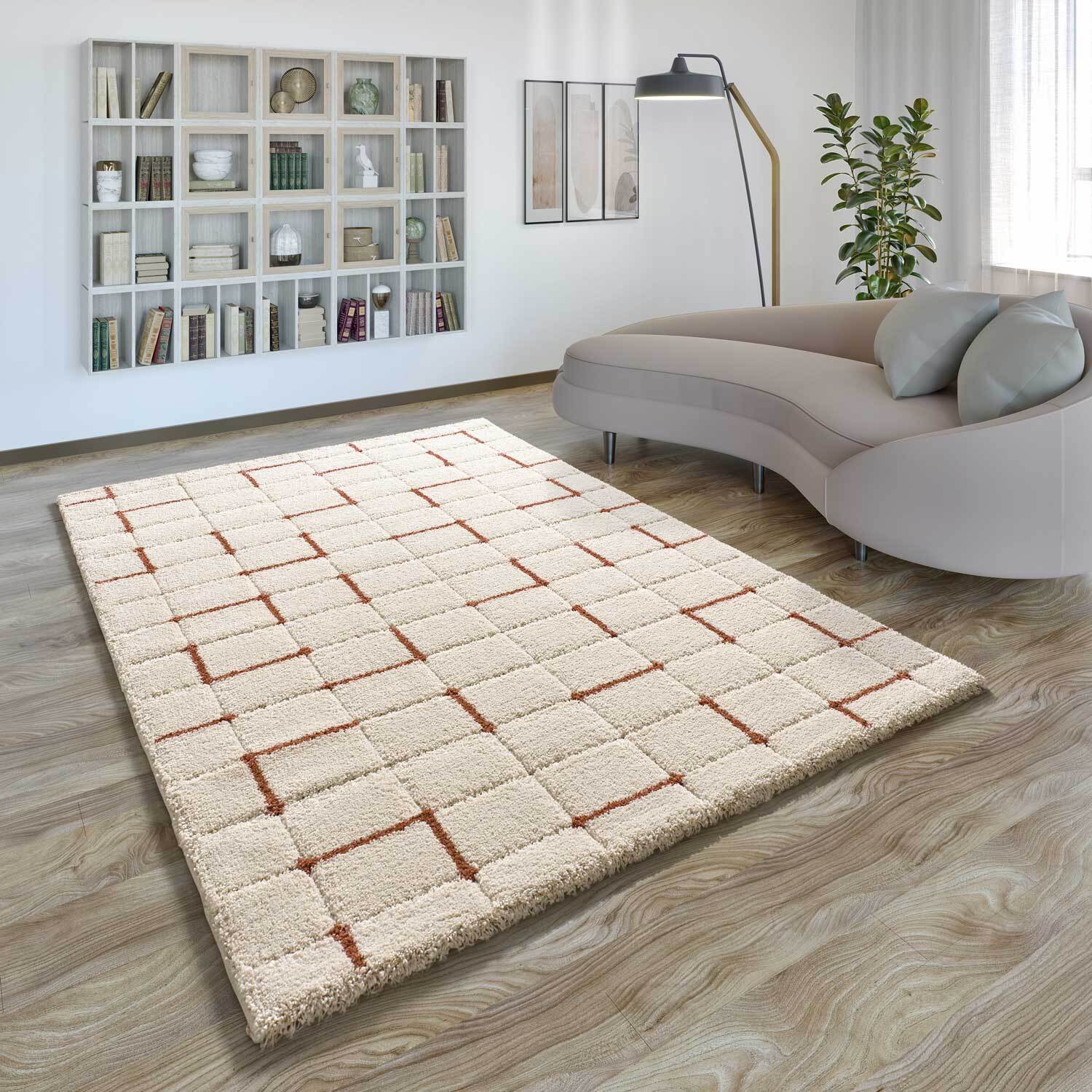 BRENDA Alfombra shaggy geométrica con relieve beige y motivos caldera, varias medidas disponibles