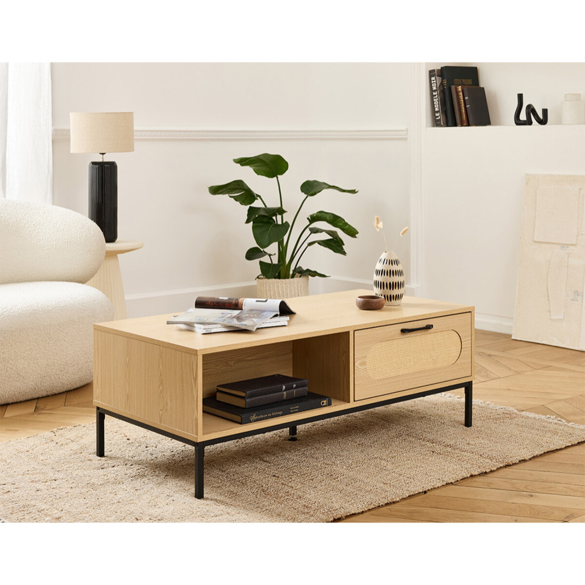 Nagato - table basse - cannage et effet bois - 1 tiroir et 1 niche - 110 cm - Bois / Noir