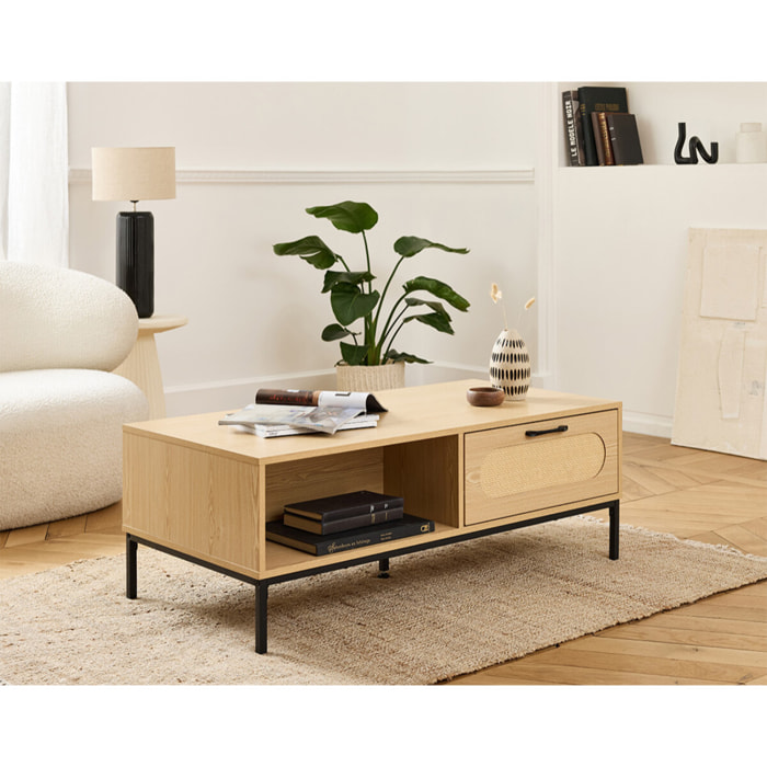 Nagato - table basse - cannage et effet bois - 1 tiroir et 1 niche - 110 cm - Bois / Noir