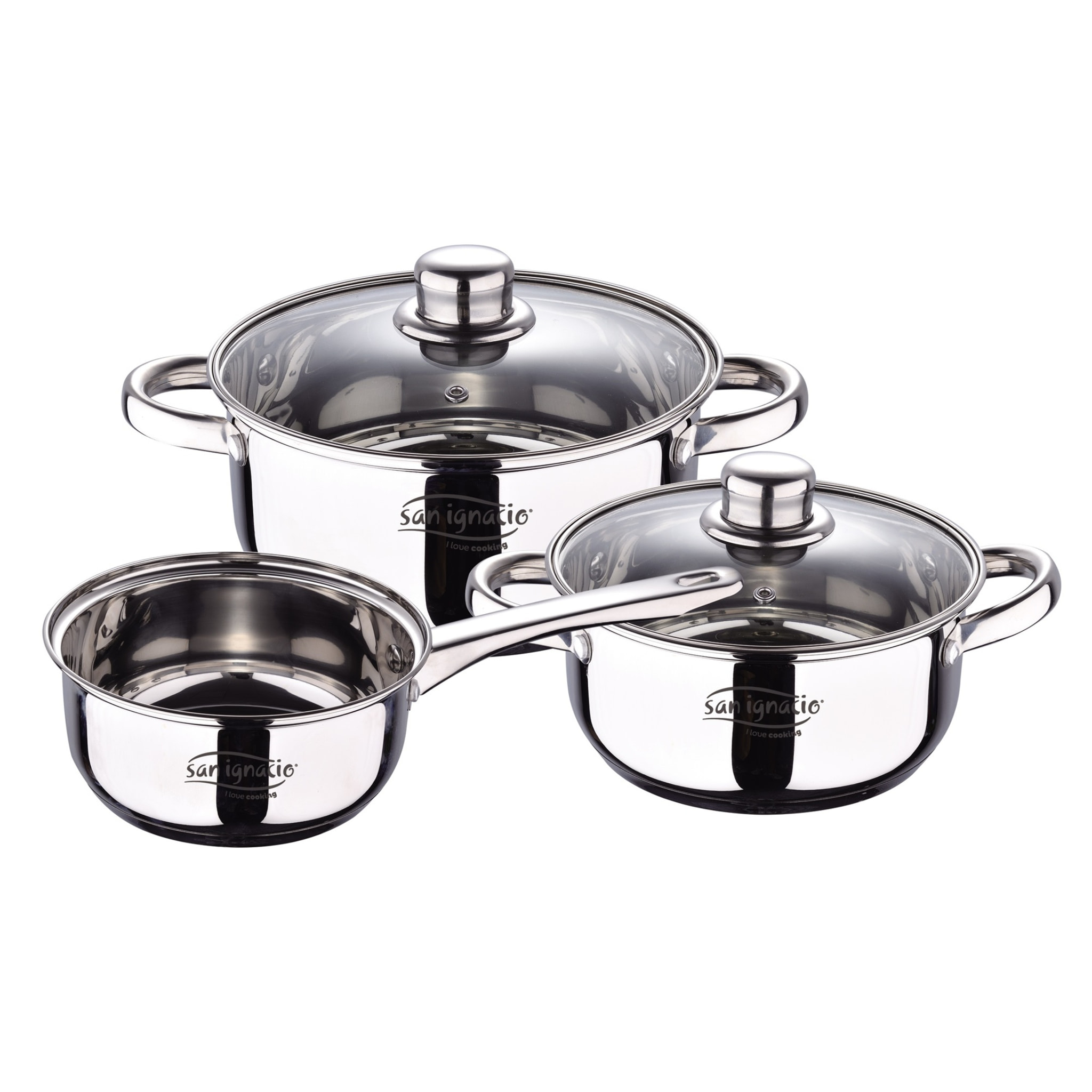 Bateria 5pcs acero inoxidable: cazo ø16x7,5 cacerolas de ø18x8,5 y ø20x9,5 cms., inducción + set 3pcs utensilios de cocina en acero inoxidable