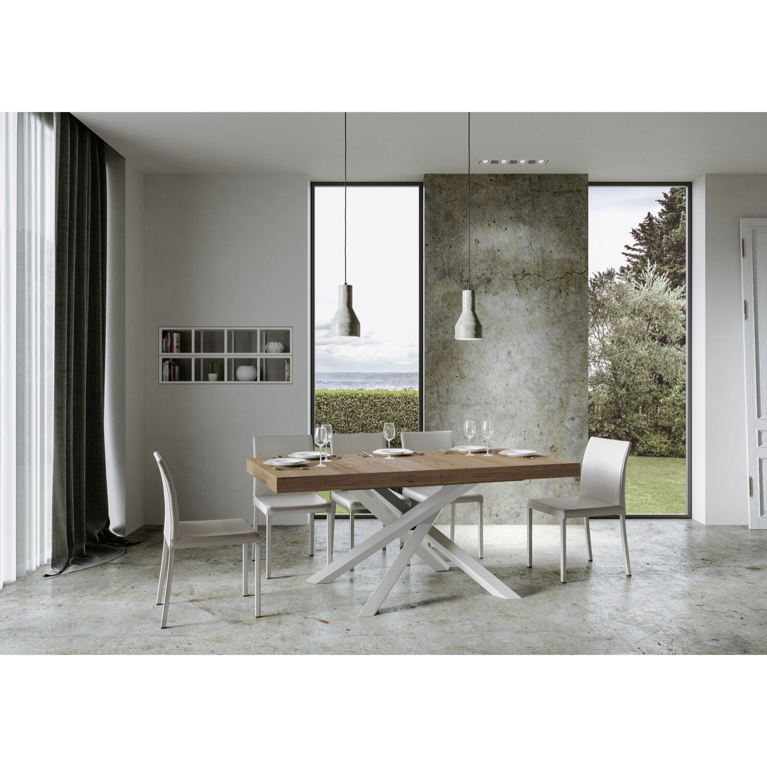Mesa extensible 90x200/460 cm Volantis Roble Natural estructura blanco