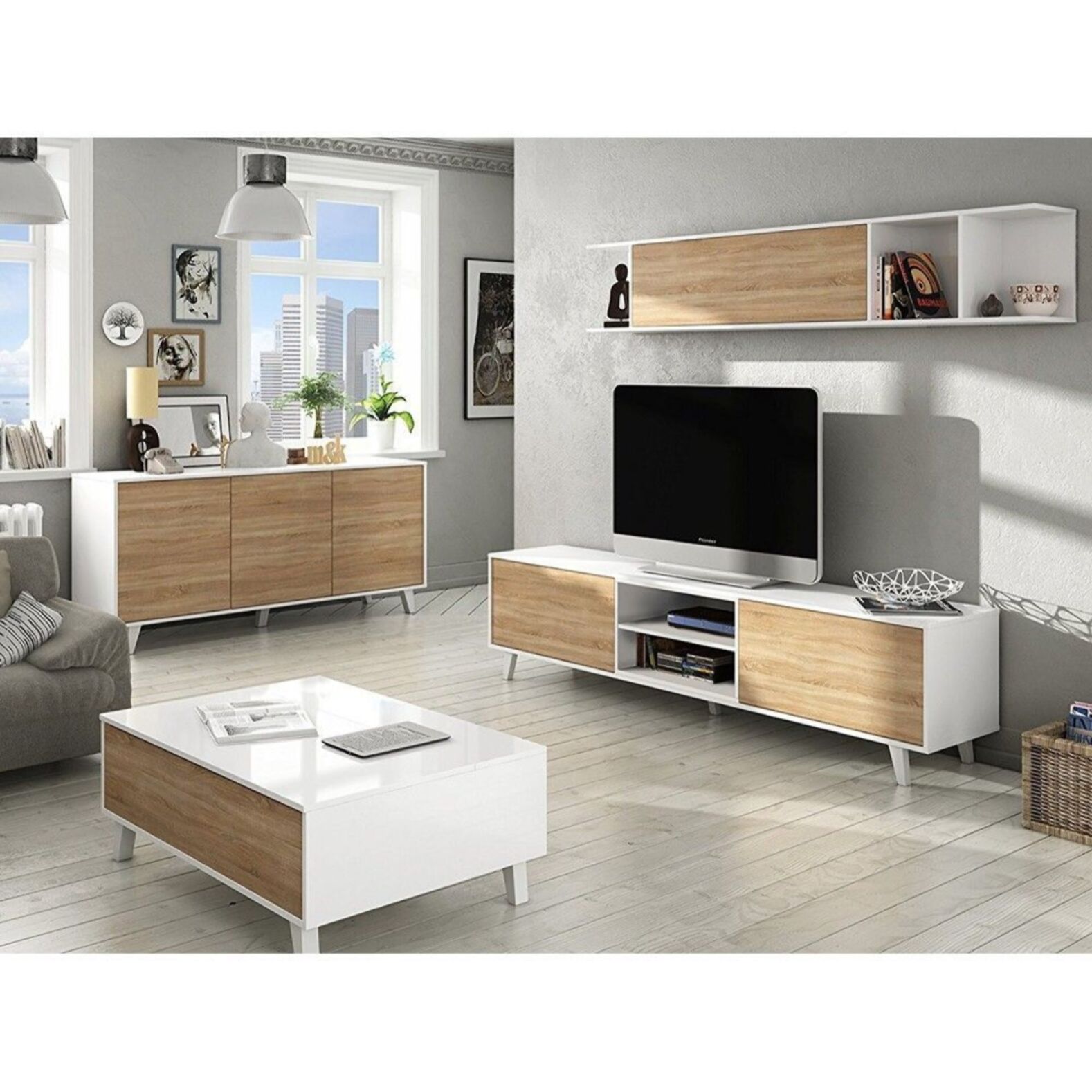 Parete Attrezzata Da Soggiorno Salotto Mobile TV Ante Soft Close Pensile Con Mensola Dsign Moderno Elegante 180x41x43 Cm Bianco Lucido Rovere