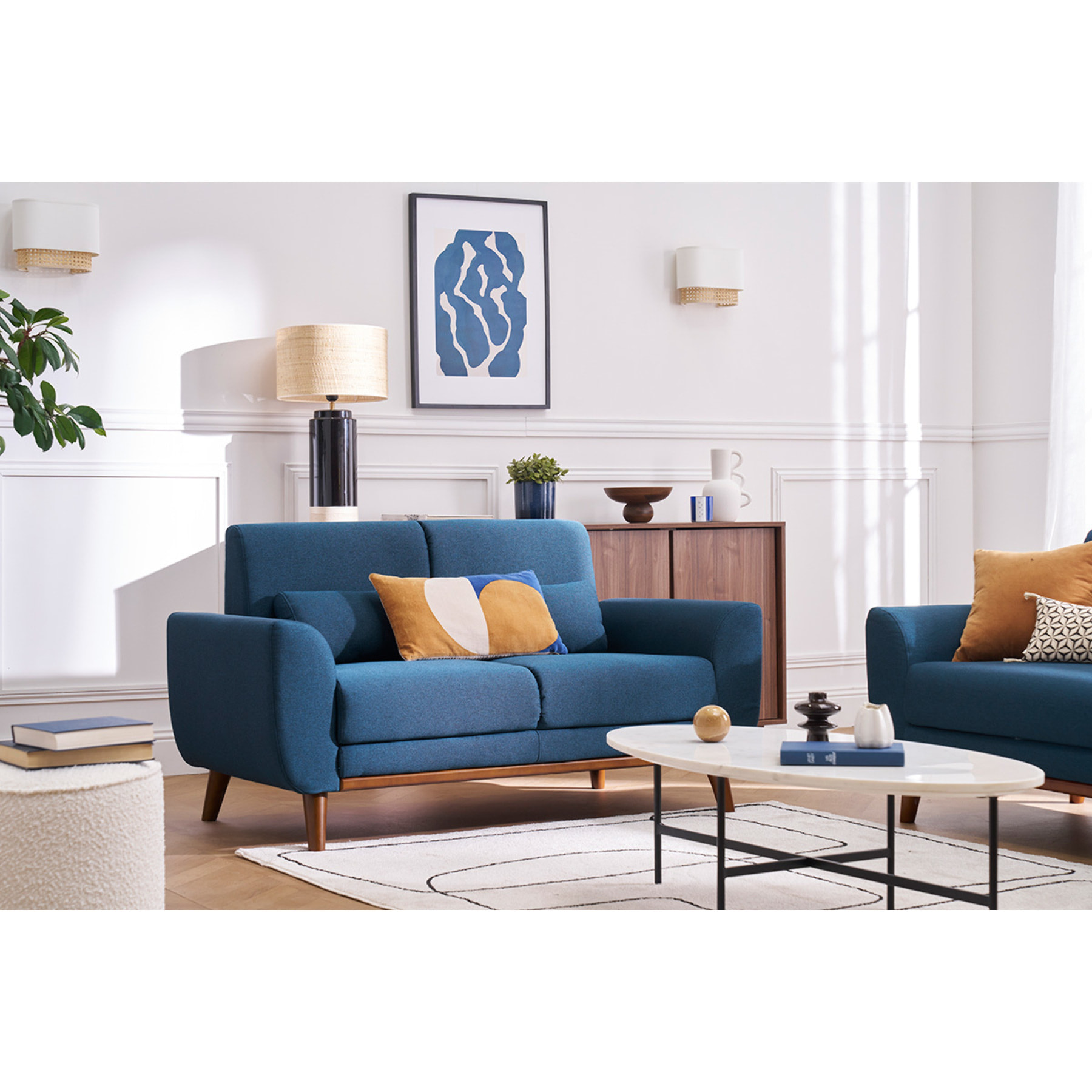 Canapé 2 places en tissu bleu foncé et bois foncé EKTOR