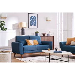 Canapé 2 places en tissu bleu foncé et bois foncé EKTOR