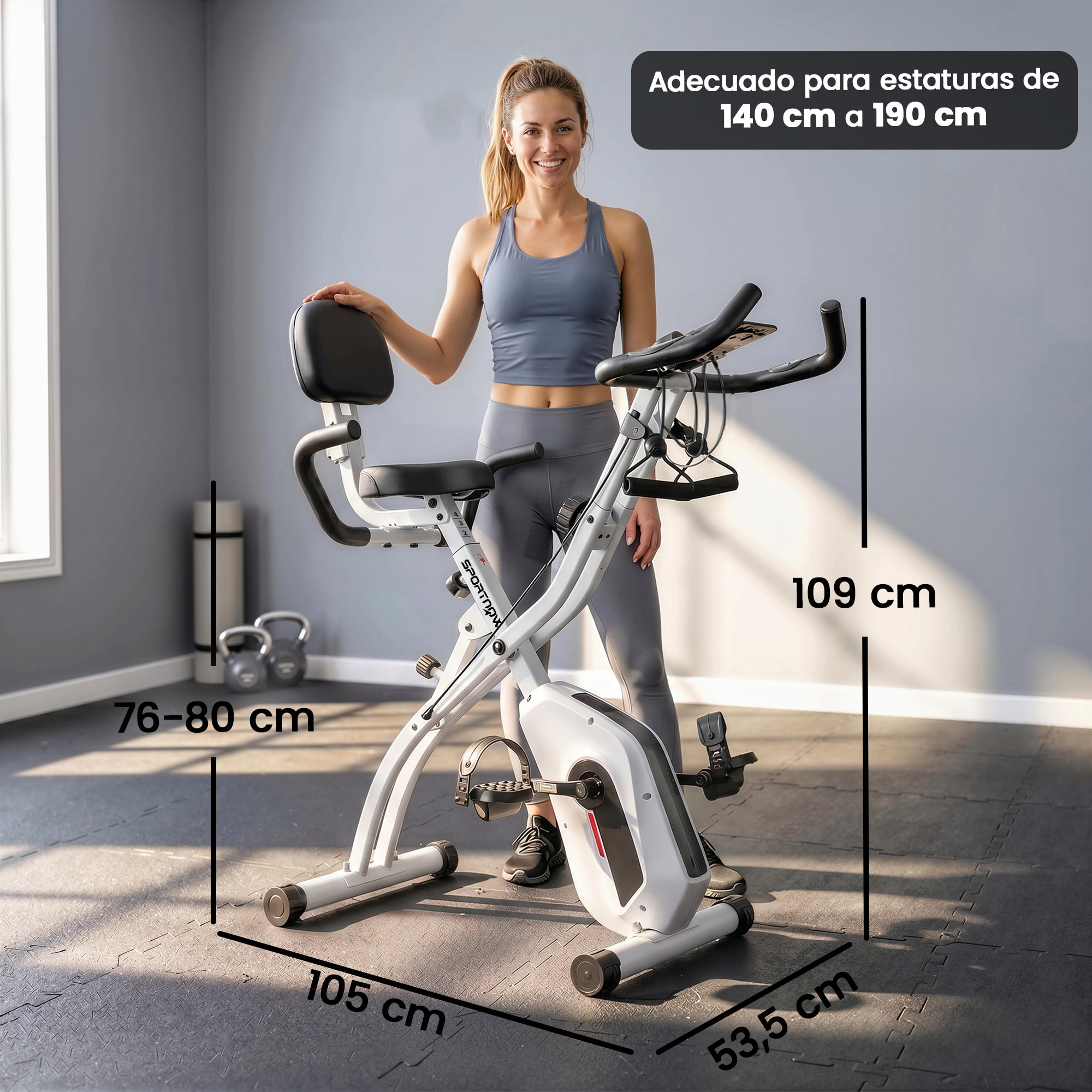 Bicicleta Estática Plegable 4 en 1 con Respaldo y 8 Niveles Resistencia Magnética Bicicleta Estática Casa Ajustable con Bluetooth Monitor LCD Volante Bandas Sensor Pulso Soporte Móvil Blanco
