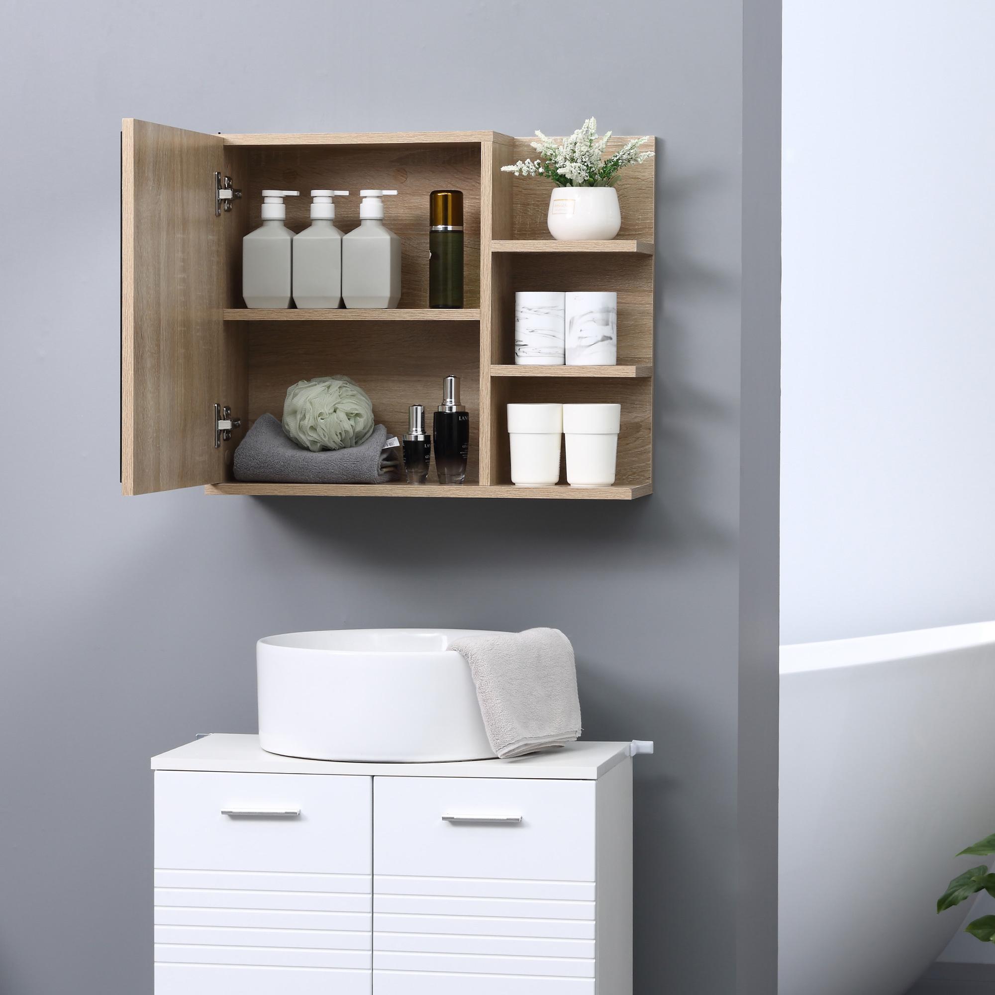 Armario de Baño con Espejo Armario con Espejo para Baño con 3 Estantes Abiertos y 1 Estante Interior Mueble para Baño Estilo Moderno 60x18x50 cm Natural