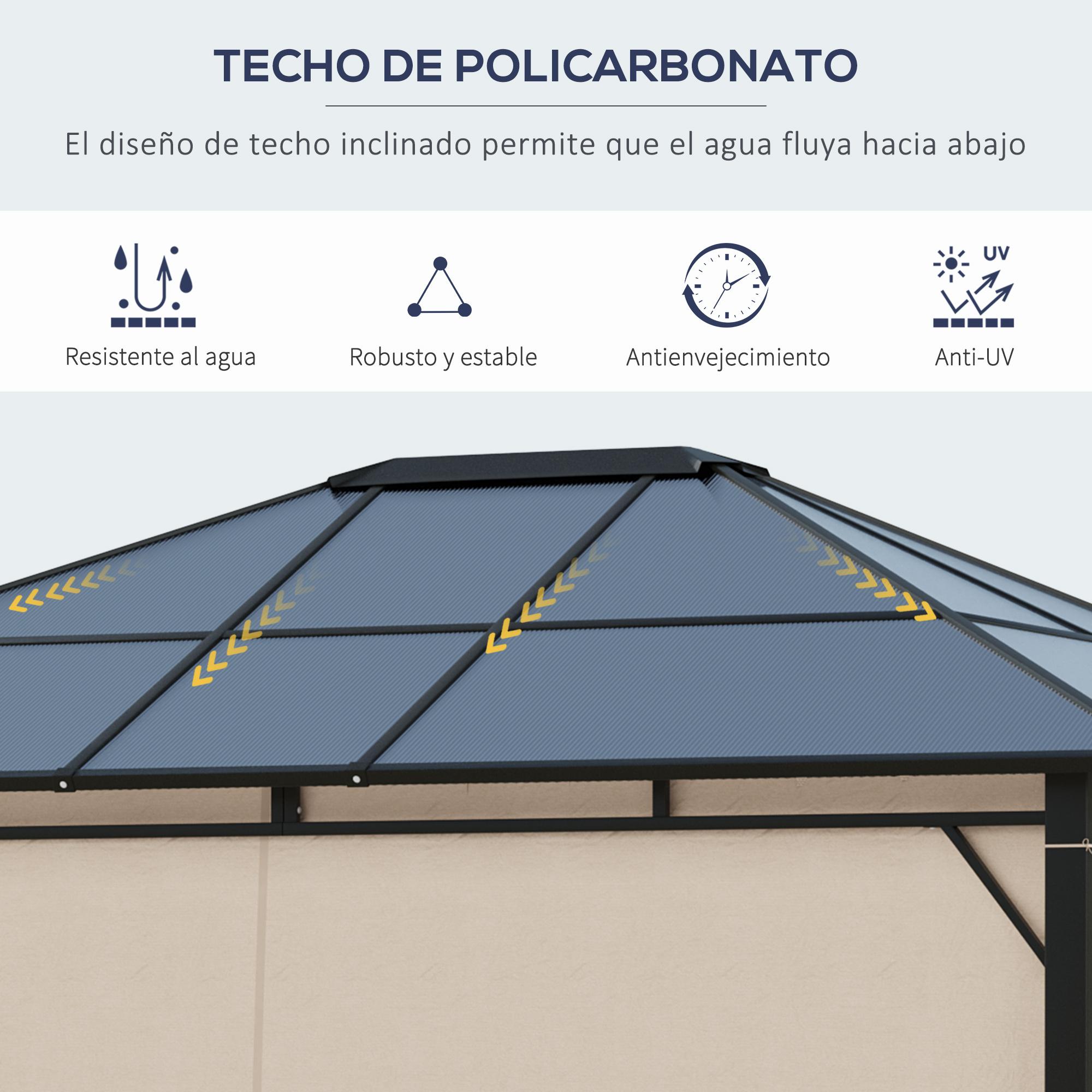 Cenador de Jardín 3,65x3 m Acero con Techo de Policarbonato Protección UV 50+