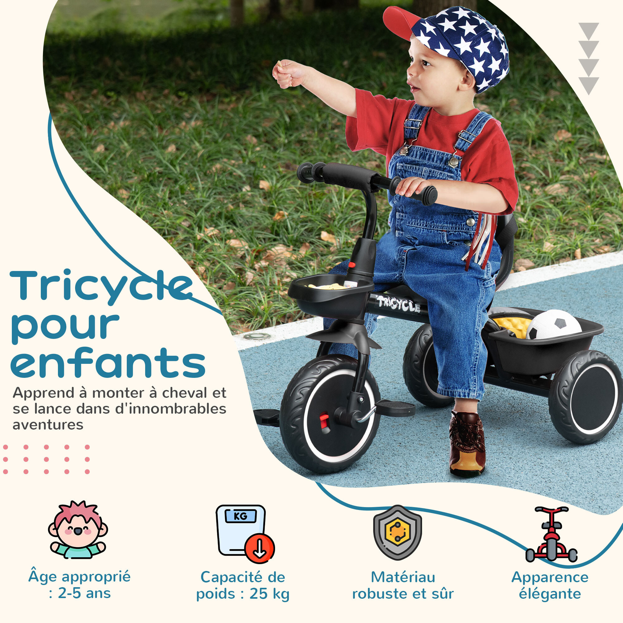 Tricycle pour enfant évolutif avec siège réglable - pédales - 2 paniers - ceinture - pour enfant de 2 à 5 ans - noir