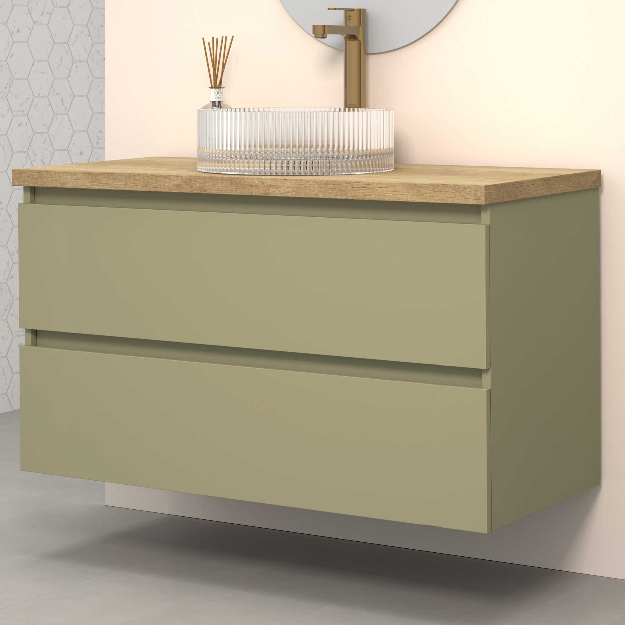 ENSEMBLE DE SALLE DE BAINS KUB | CACTUS VERT 100 CM | DEUX TIROIRS | ÉVIER EN VERRE | MIROIR NON INCLUS | MEUBLES ASSEMBLÉS | ALDAY