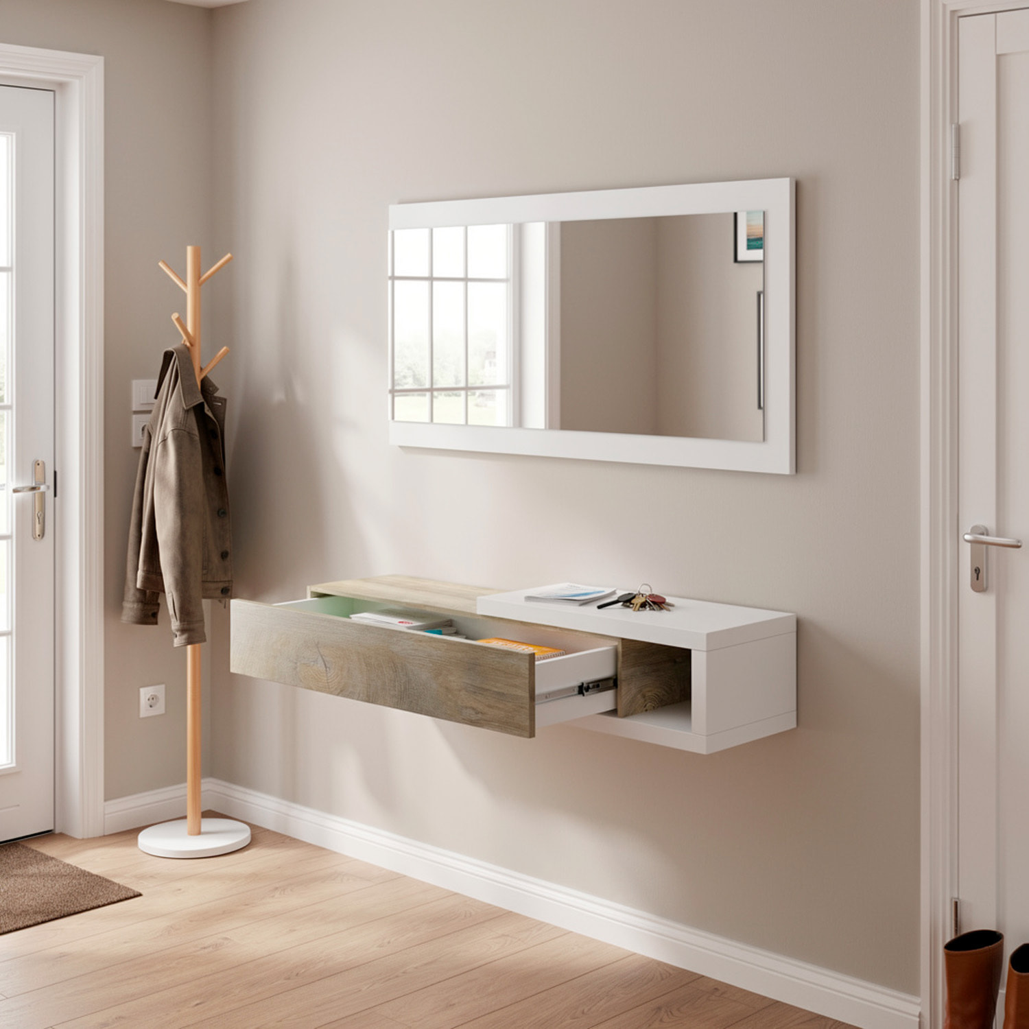 Mobile Maiorca Mobiletto da Ingresso Sospeso con Cassetto Mensola e Specchio Arredo Arredamento Sala 95 x 19 x 26 cm Bianco e Rovere Alaska
