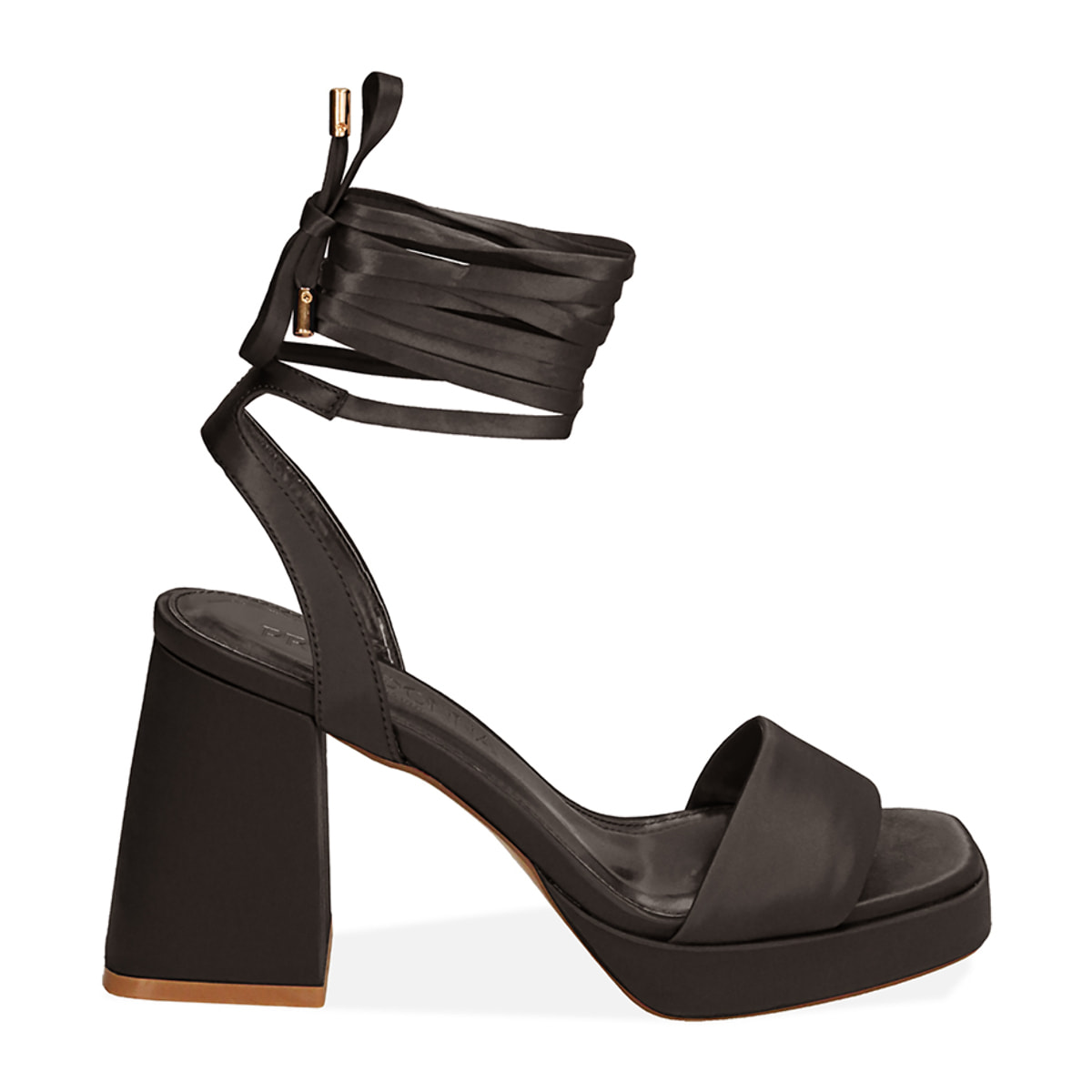 Sandalias negras lace-up de raso, tacón de 9 cm