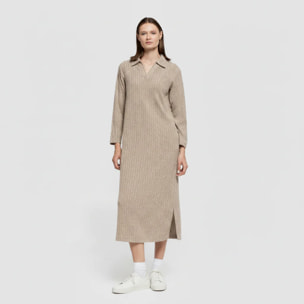 Vestido largo manga larga solapa 4x2 canalé mujer beige