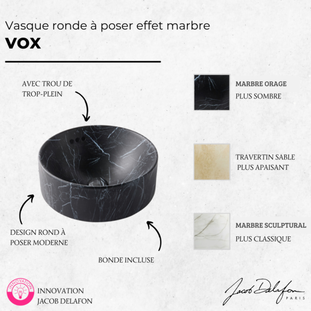 Vasque ronde à poser Vox marbre noir orage + bonde
