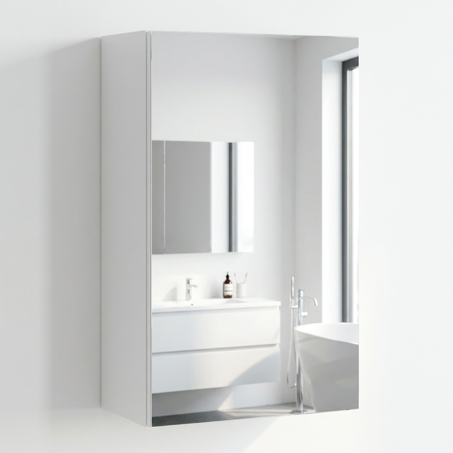 Pensile Bagno Con Anta A Specchio E Ripiani Interni Mobile Sospeso Salvaspazio In Melaminico Arredo Bagno Moderno Minimal  65 x 40 x 21 Cm Bianco