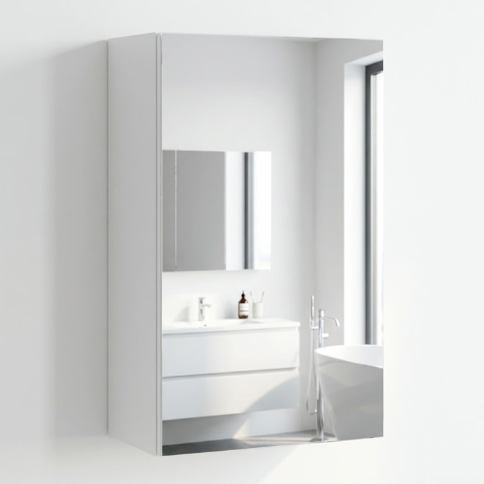 Pensile Bagno Con Anta A Specchio E Ripiani Interni Mobile Sospeso Salvaspazio In Melaminico Arredo Bagno Moderno Minimal  65 x 40 x 21 Cm Bianco