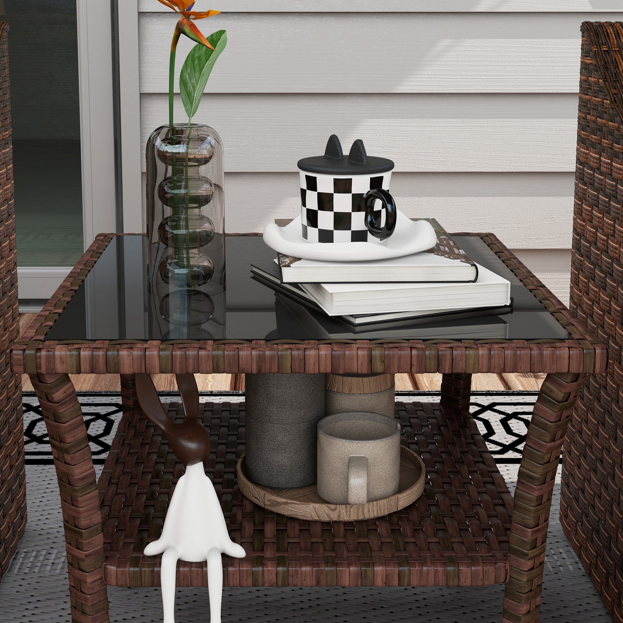 Table basse de jardin avec étagère et plateau verre trempé dim. 50 x 50 x 45 cm résine tressée chocolat