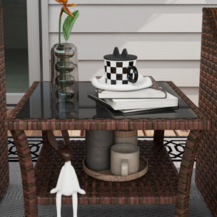 Table basse de jardin avec étagère et plateau verre trempé dim. 50 x 50 x 45 cm résine tressée chocolat