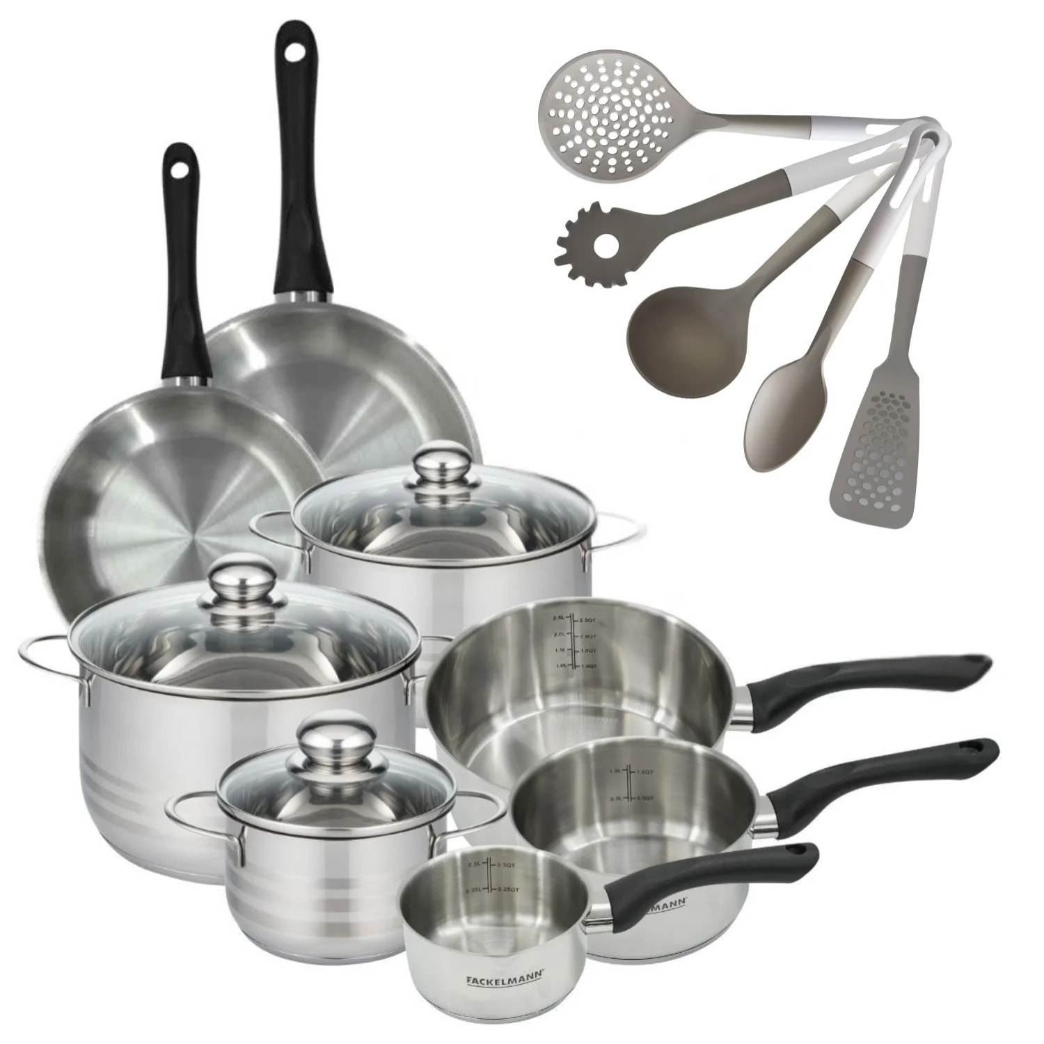 Lot 2 Poêles, 3 Faitouts 16/20/24 cm & 3 Casseroles 12/16,/20 cm Fackelmann Geneva et 5 Ustensiles Vario