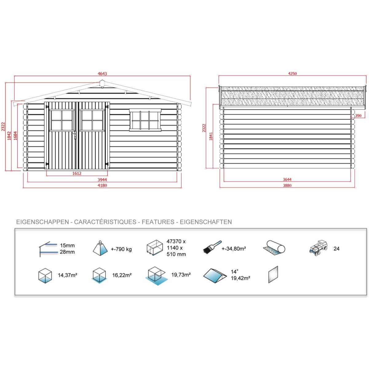 Abri jardin bois - 19,72 m² - 4.64 x 4.25 x 2,32 m - 28 mm