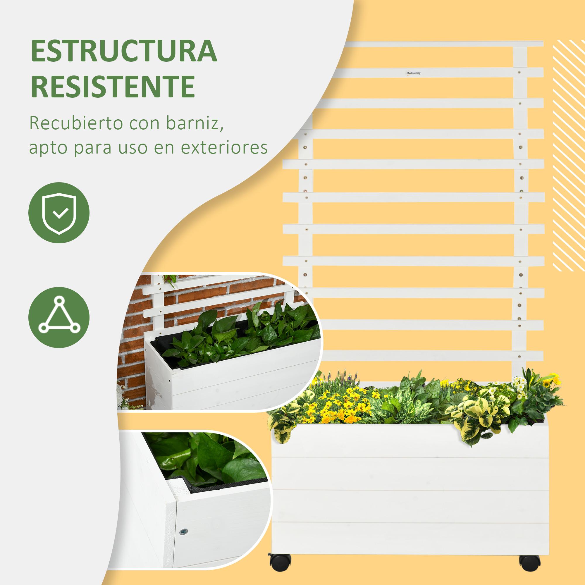 Jardinera con Enrejado de Madera Maciza con 4 Ruedas Macetero de Jardín con Soporte para Trepadora y Tela Geotextil para Cultivos Plantas Flores 76x30x155 cm Blanco