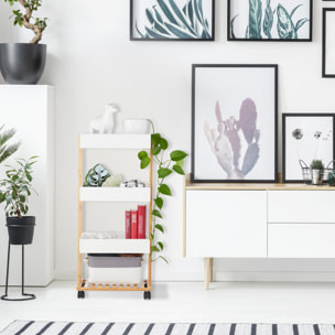 Well home carro de almacenamiento en bambú con 1 estante y 3 bandejas en color blanco 40x30x87,5cm